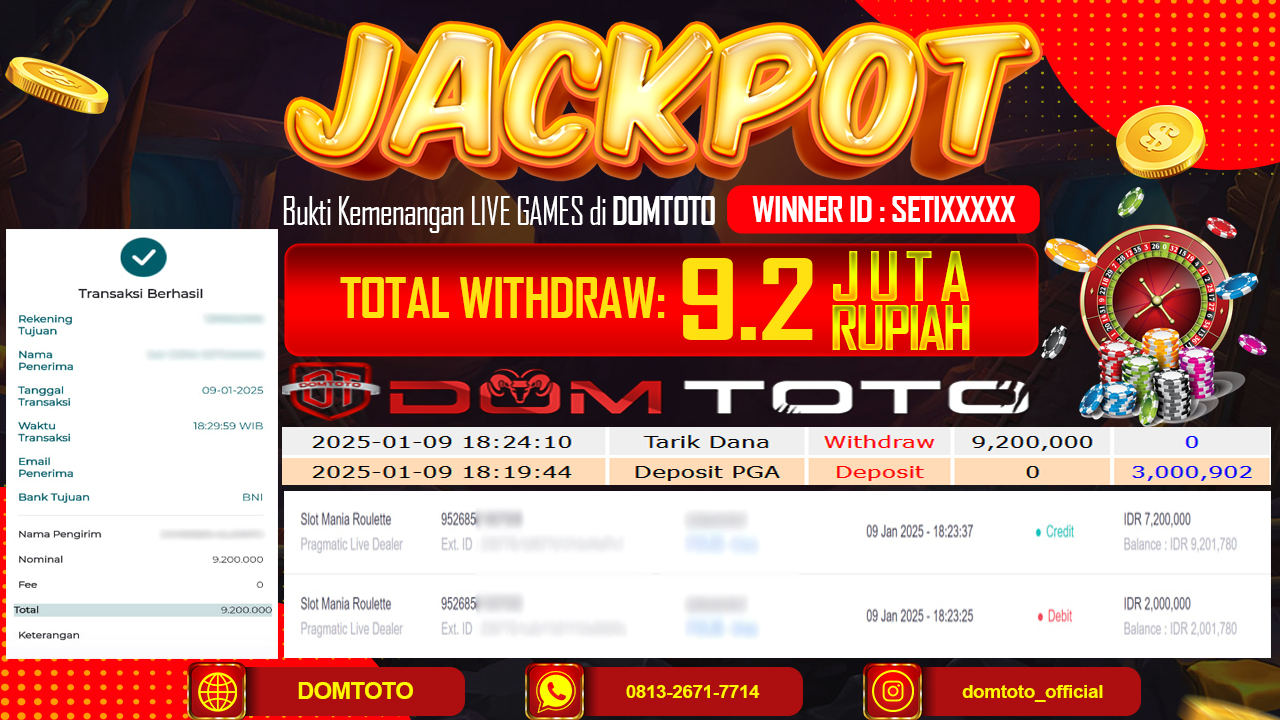 JACKPOT LIVE GAMES SLOT MANIA BACCARAT 09 JANUARI 2025